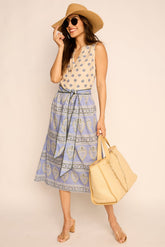Freya Fabric Blue Paisley Print Tie Waist Midi Dress