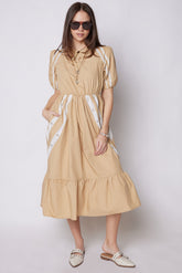 Freya Fabric Tan Tiered Hem Lace Detail Midi Dress