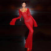 Freya Fabric Red Crochet Bodycon Flare Sleeve Maxi Dress