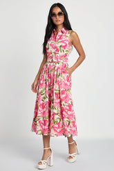 Freya Fabric Pink Floral Sleeveless Collared Midi Dress