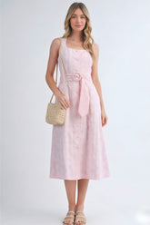 Freya Fabric Pink Linen Button Front Tie Waist Midi Dress