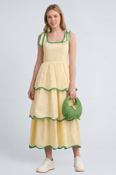 Freya Fabric Yellow Tiered Contrast Trim Midi Dress