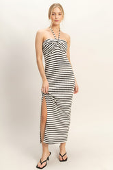 Freya Fabric Black White Stripe Halter Twist Maxi Dress