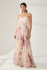 Freya Fabric Orchid Floral Pleated Strapless Chiffon Maxi Dress