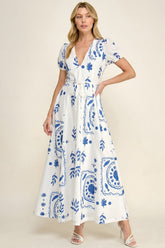 Freya Fabric White Blue Tile Print Puff Sleeve Maxi Dress