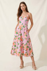 Freya Fabric Pink Rose Print Square Neck Midi Dress