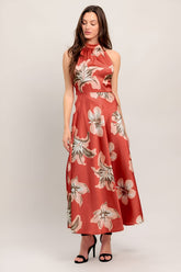 Freya Fabric Terracotta Floral Print Halter Satin Midi Dress
