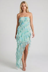 Freya Fabric Mint Floral Ruffle Strapless High Low Maxi Dress
