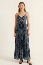 Freya Fabric Navy Blue Paisley Pleated Cowl Neck Maxi Dress