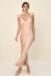 Freya Fabric Peach Floral Ruffle Strap V Neck Maxi Dress