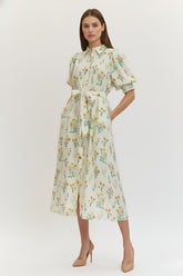 Freya Fabric Cream Floral Puff Sleeve Belted Midi Dress