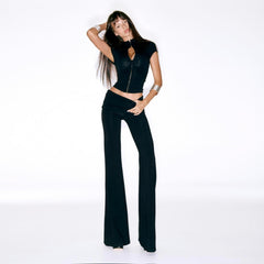 Freya Fabric Black Zip Front Crop Top Wide Leg Pants Set