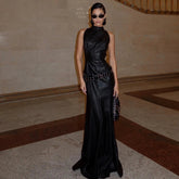 Freya Fabric Black Faux Leather Halter Neck Maxi Dress