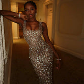 Freya Fabric Silver Crystal Embellished Sheer Maxi Dress