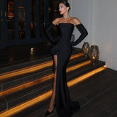 Freya Fabric Black Strapless Rose Slit Maxi Gown & Gloves