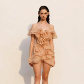 Freya Fabric Nude Off Shoulder Tiered Ruffle Mini Dress