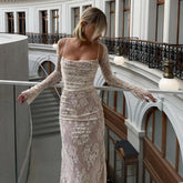 Freya Fabric White Floral Lace Square Neck Fitted Maxi Dress