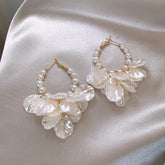 Ivory Floral Petal Pearl Chain Hoop Earrings by Freya Fabric