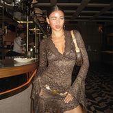 Freya Fabric Brown Lace V Neck Bell Sleeve Mini Dress