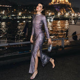 Freya Fabric Black Sheer Rhinestone Long Sleeve Slit Dress