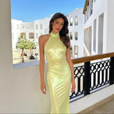 Freya Fabric Yellow Satin Halter Neck Bodycon Maxi Dress
