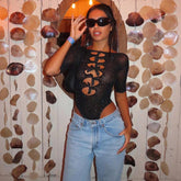 Black Rhinestone Bow Cutout Short Sleeve Bodysuit by Freya Fabric