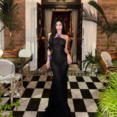 Freya Fabric Black Sheer Butterfly Halter Mermaid Maxi Dress