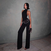 Freya Fabric Black Halter Neck Backless Top Wide Leg Set
