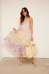 Freya Fabric Pastel Floral Strappy Flowy Midi Dress
