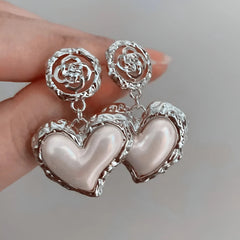 Flower Heart Stone Pearl Drop Earrings by Freya Fabric