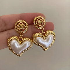 Flower Heart Stone Pearl Drop Earrings by Freya Fabric