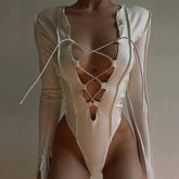 Freya Fabric White Ribbed Lace-Up Long Sleeve Bodysuit