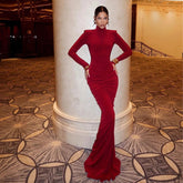 Freya Fabric Red Velvet Turtleneck Ruched Mermaid Maxi Dress