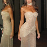 Freya Fabric Champagne Sparkle Strapless Draped Maxi Dress