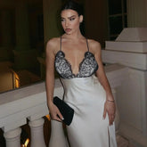 Freya Fabric Ivory Satin Lace Bust Halter Slip Maxi Dress