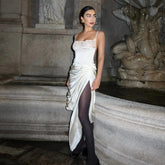 Freya Fabric White Satin Lace Bodice Ruched Maxi Dress