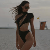 Freya Fabric Black Asymmetric Cutout One Shoulder Bodysuit