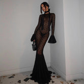 Freya Fabric Black Lace High Neck Mermaid Maxi Dress