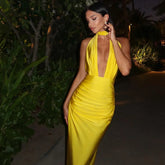 Freya Fabric Yellow Halter Neck Plunge Ruched Maxi Dress