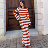 Freya Fabric Striped Knit Long Sleeve Boho Maxi Dress
