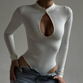 White High Neck Keyhole Long Sleeve Fitted Bodysuit by Freya Fabric