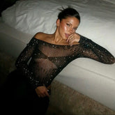 Black Sparkle Rhinestone Off Shoulder Mesh Bodysuit by Freya Fabric