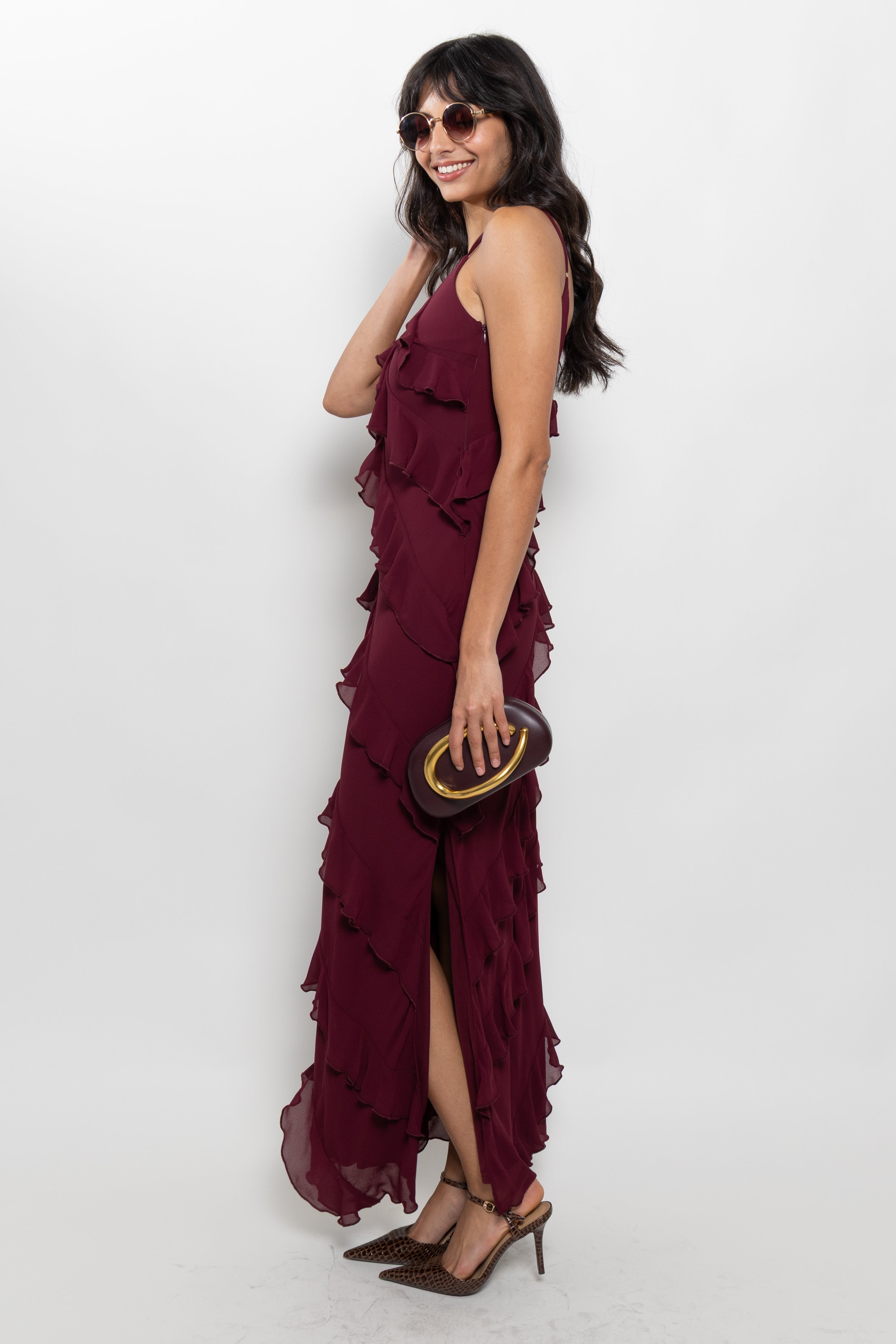 Freya Fabric Tiered Ruffle V Neck Maxi Dress