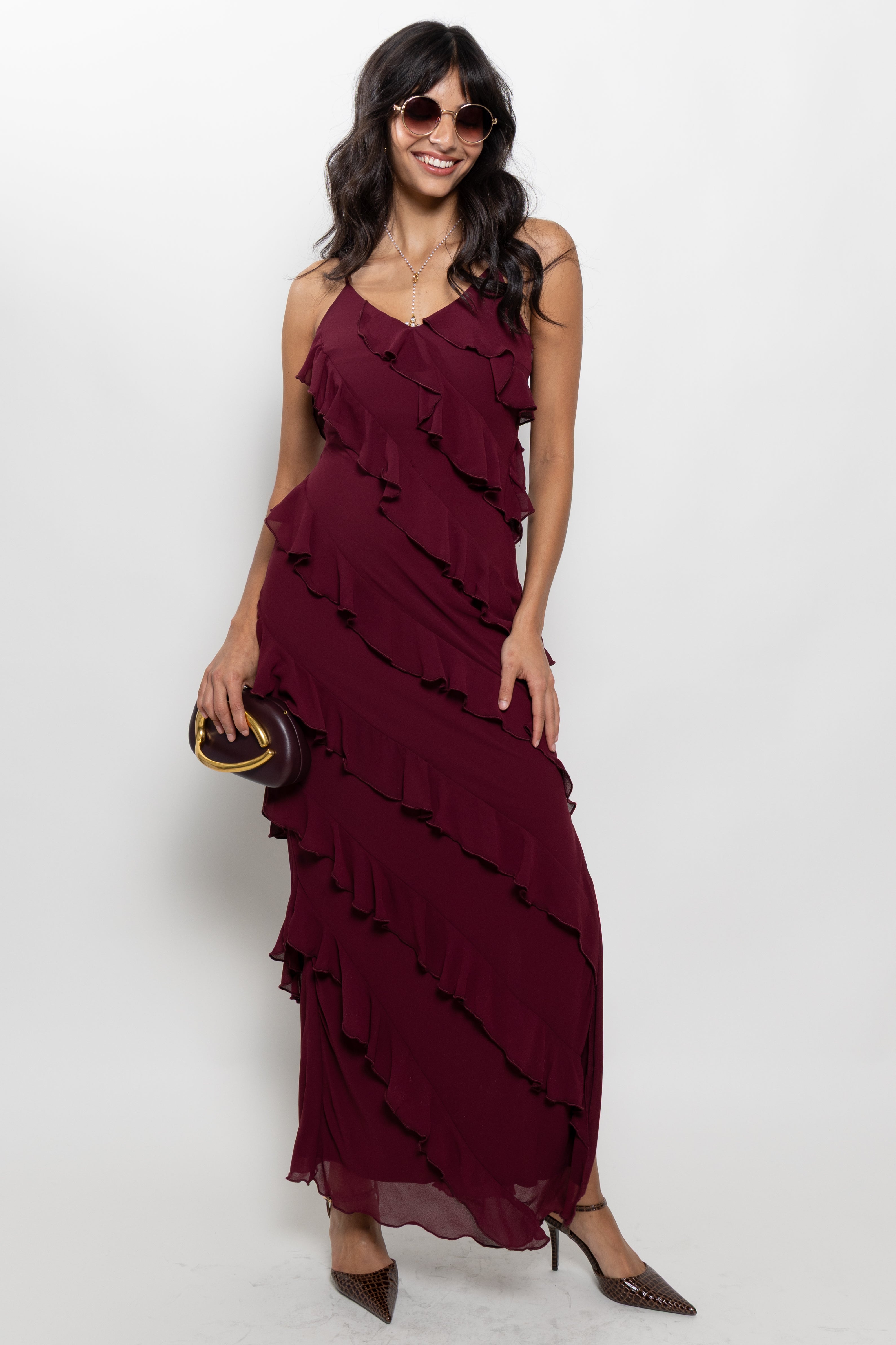 Freya Fabric Tiered Ruffle V Neck Maxi Dress