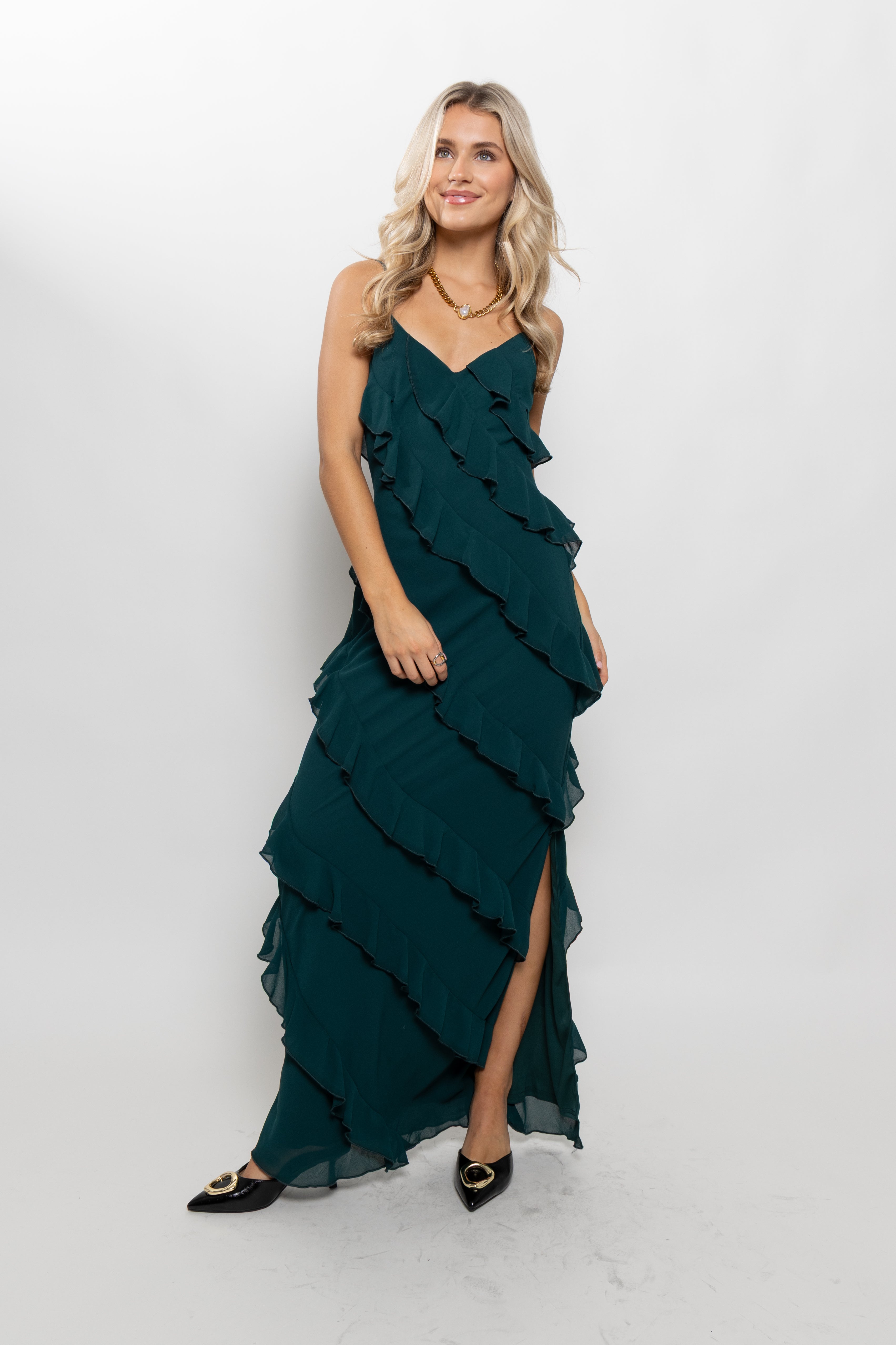 Freya Fabric Tiered Ruffle V Neck Maxi Dress