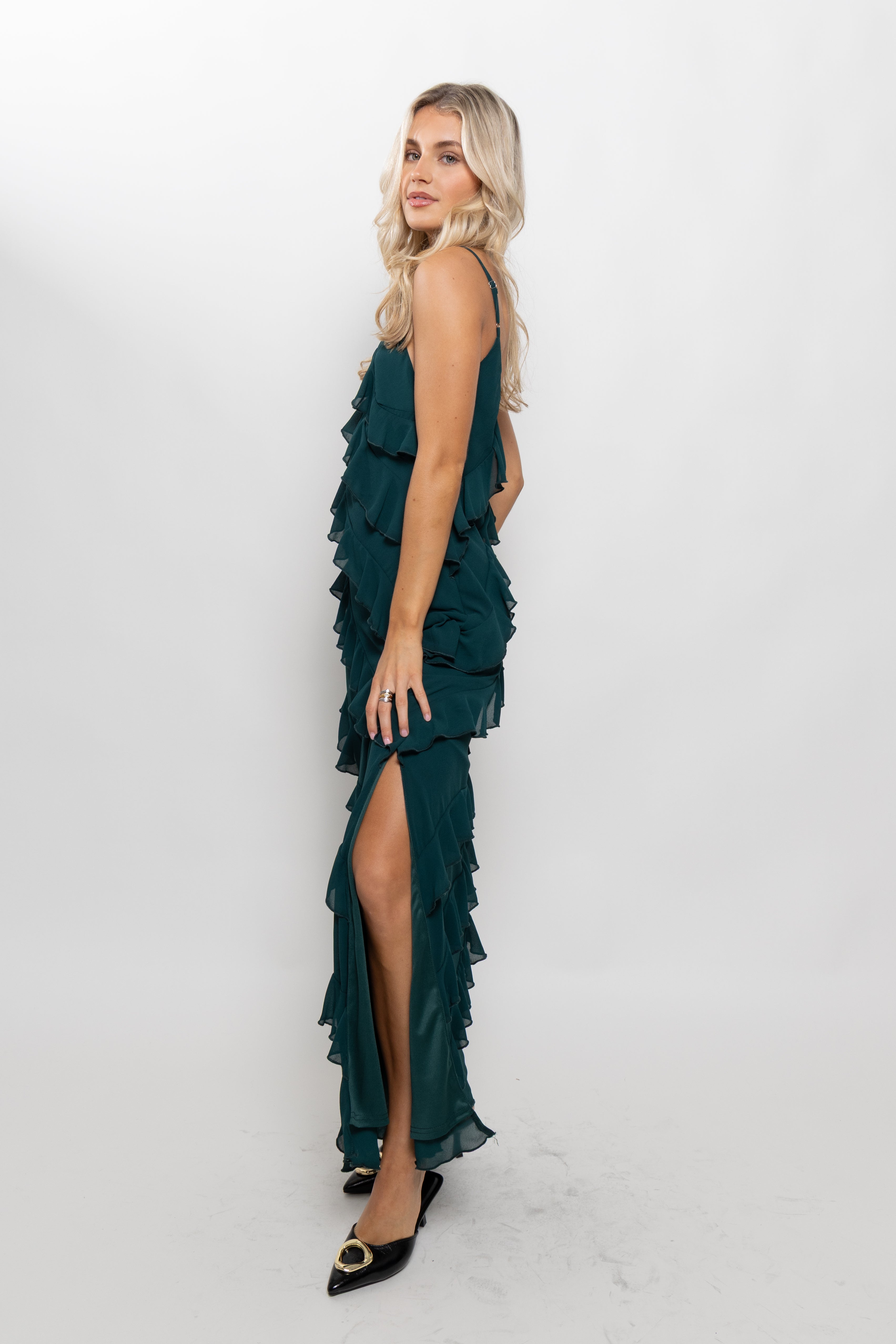 Freya Fabric Tiered Ruffle V Neck Maxi Dress