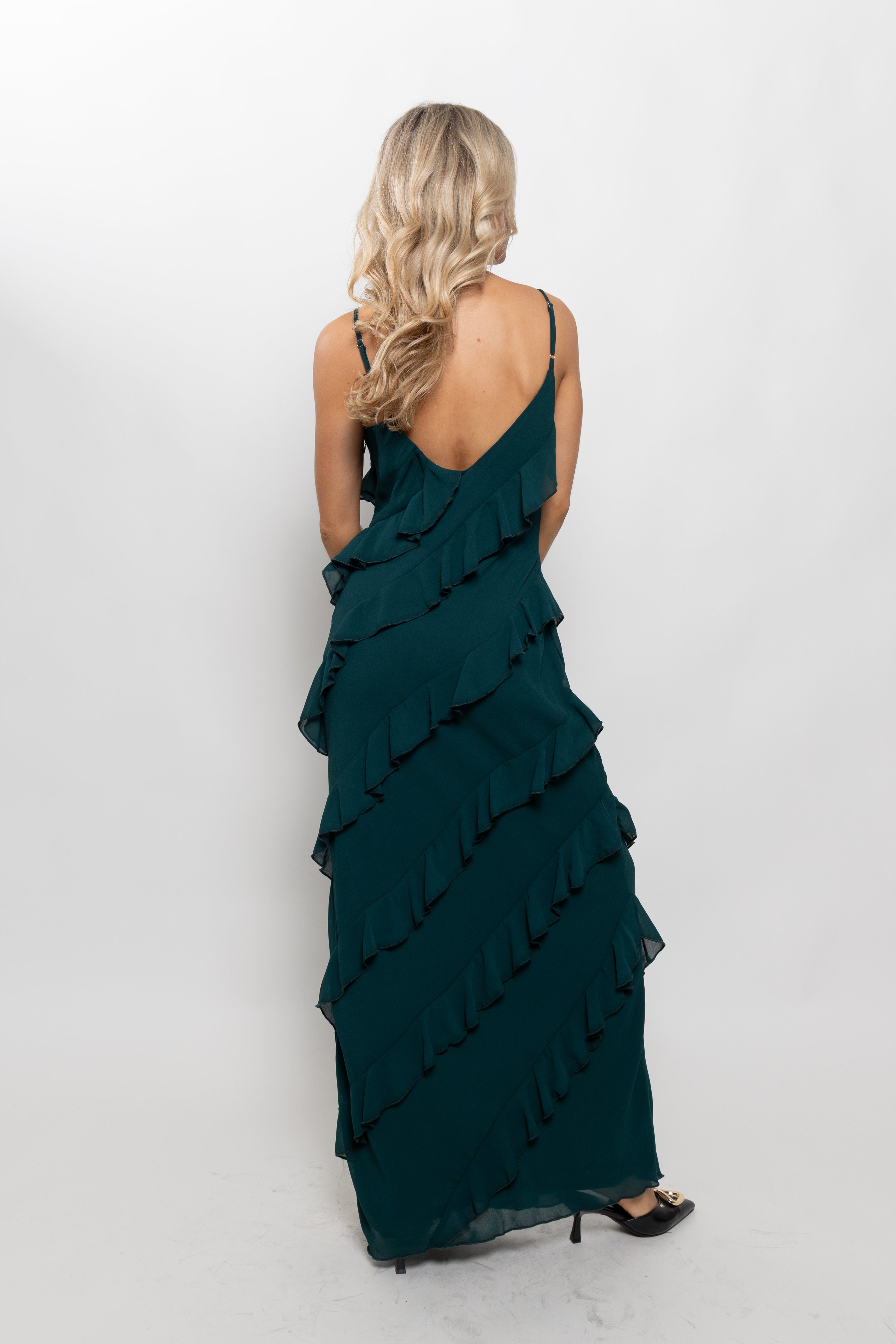 Freya Fabric Tiered Ruffle V Neck Maxi Dress