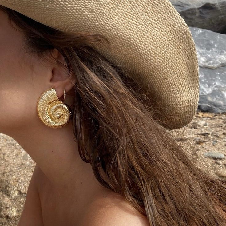 Sea Goddess Spiral Gold Shell Stud Earrings by Freya Fabric