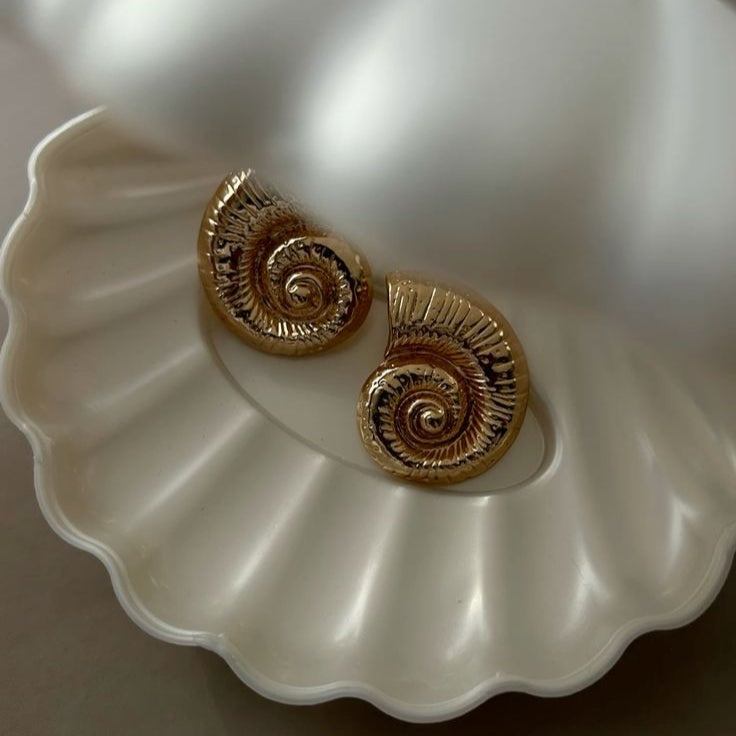 Sea Goddess Spiral Gold Shell Stud Earrings by Freya Fabric