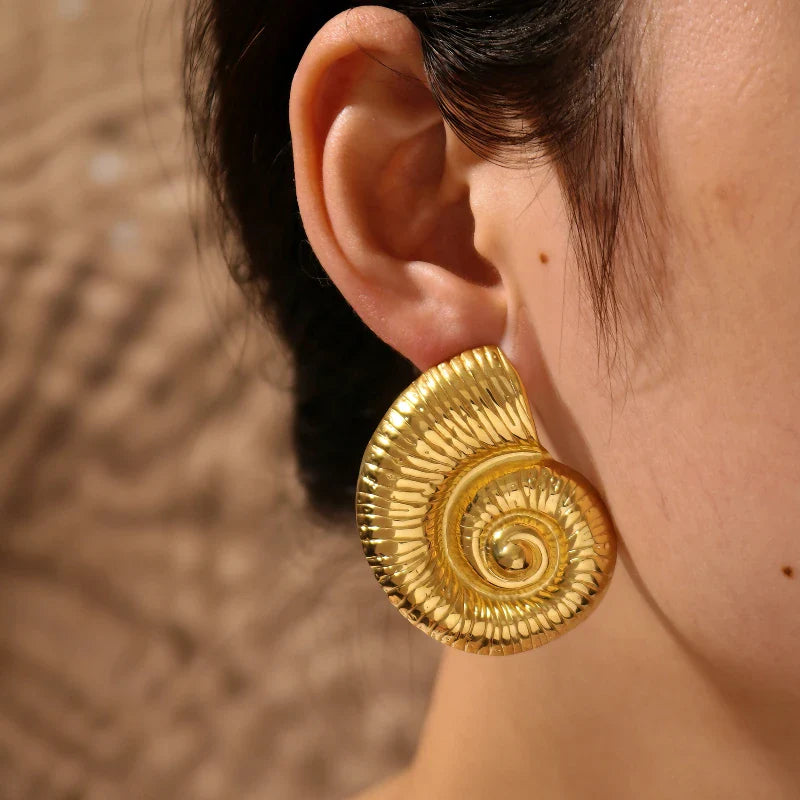 Sea Goddess Spiral Gold Shell Stud Earrings by Freya Fabric